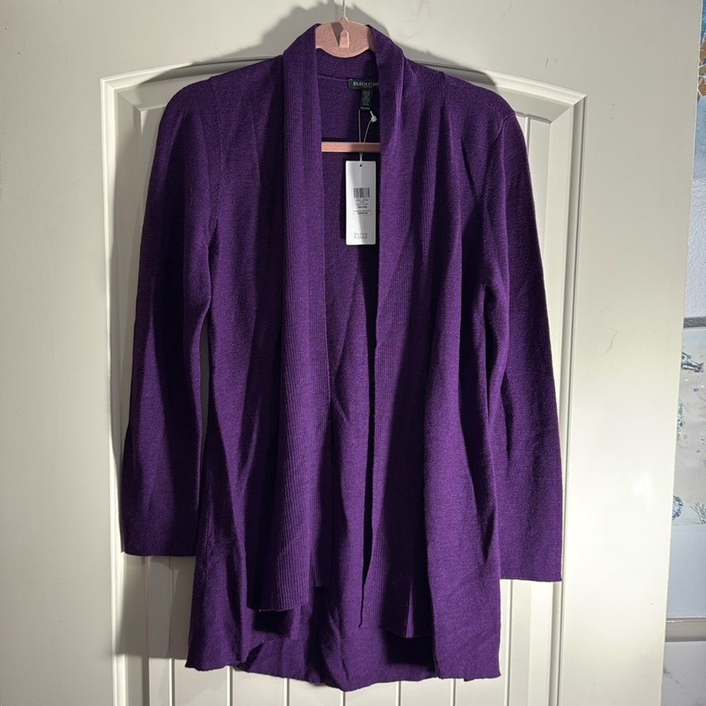 Eileen Fisher 100% Merino Wool Cardigan Womens PM purple drape front high low